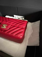 Load image into Gallery viewer, Chanel 18B raspberry red mini caviar chevron, with light gold hardware