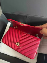 Load image into Gallery viewer, Chanel 18B raspberry red mini caviar chevron, with light gold hardware