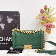 Load image into Gallery viewer, Chanel green small caviar boy, aged gold hdw