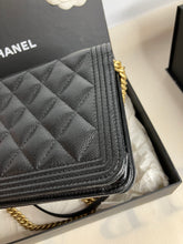 Load image into Gallery viewer, Chanel black caviar boy woc (wallet on chain) with aged gold hdw
