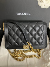 Load image into Gallery viewer, Chanel black caviar boy woc (wallet on chain) with aged gold hdw