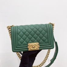 Load image into Gallery viewer, Chanel green small caviar boy, aged gold hdw