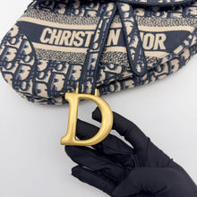 Load image into Gallery viewer, Dior blue oblique monogram jacquard medium saddle bag, with gold hardware and guitar strap