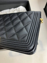 Load image into Gallery viewer, Chanel black caviar boy woc (wallet on chain) with aged gold hdw