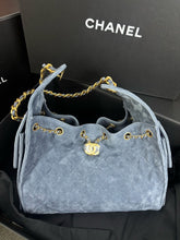 Load image into Gallery viewer, Chanel small blue suede 25 bag, gold hdw