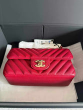Load image into Gallery viewer, Chanel 18B raspberry red mini caviar chevron, with light gold hardware