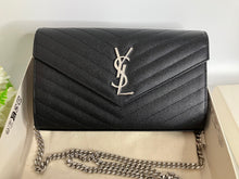 Load image into Gallery viewer, YSL Saint Laurent Black Chevron Leather Envelope Wallet On Chain, silver hdw