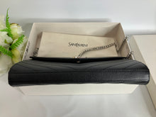 Load image into Gallery viewer, YSL Saint Laurent Black Chevron Leather Envelope Wallet On Chain, silver hdw