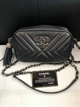 Load image into Gallery viewer, Chanel smokey blue chevron calfskin camera bag with tassel, silver hdw