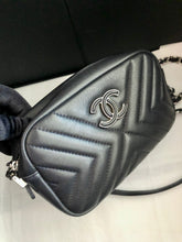 Load image into Gallery viewer, Chanel smokey blue chevron calfskin camera bag with tassel, silver hdw