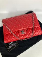 Load image into Gallery viewer, Chanel red lambskin clutch with chain, ruthenium hdw