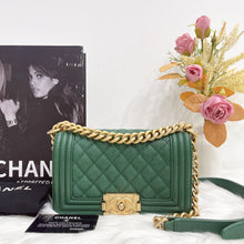Load image into Gallery viewer, Chanel green small caviar boy, aged gold hdw