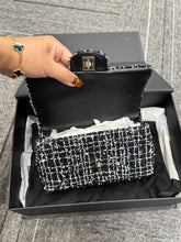 Load image into Gallery viewer, Chanel mini rectangular tweed top handle, light gold hdw black and white