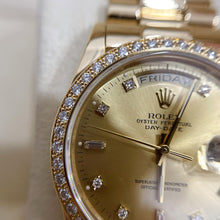 Load image into Gallery viewer, Rare Vintage Rolex Day-Date 18048 36mm 18K Yellow Gold Diamond Champagne Dial Watch