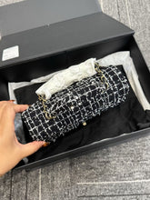 Load image into Gallery viewer, Chanel mini rectangular tweed top handle, light gold hdw black and white