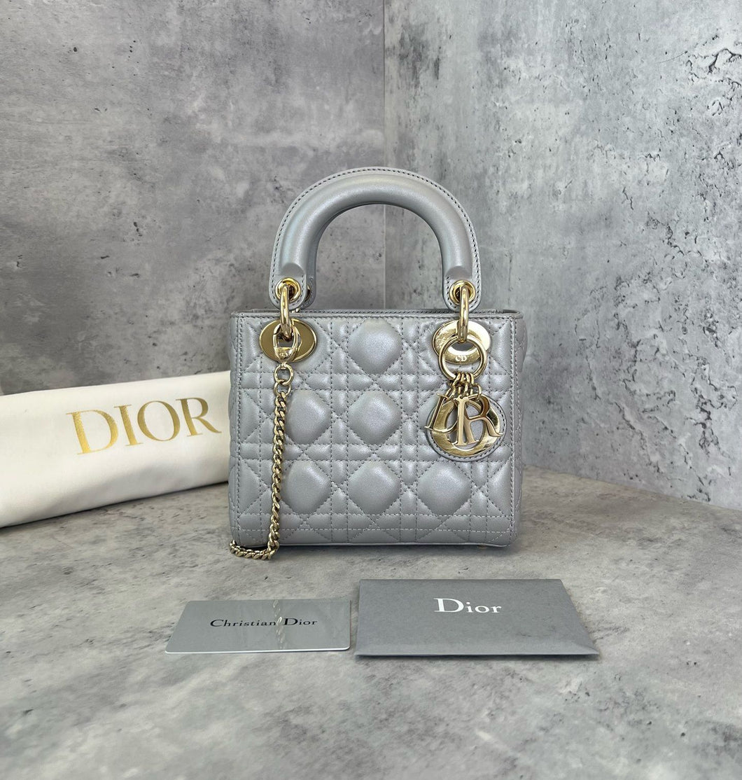 Lady Dior pearl grey mini, gold hdw