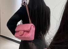 Load image into Gallery viewer, Chanel bag medium pink fur with gold hardware.
