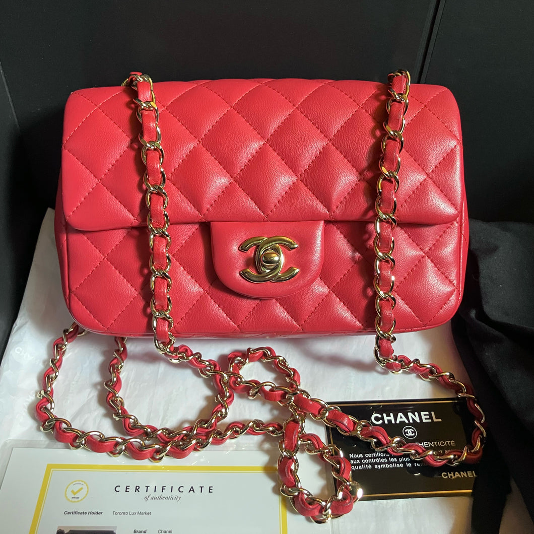 Chanel red/pink mini lambskin rectangular, gold hdw
