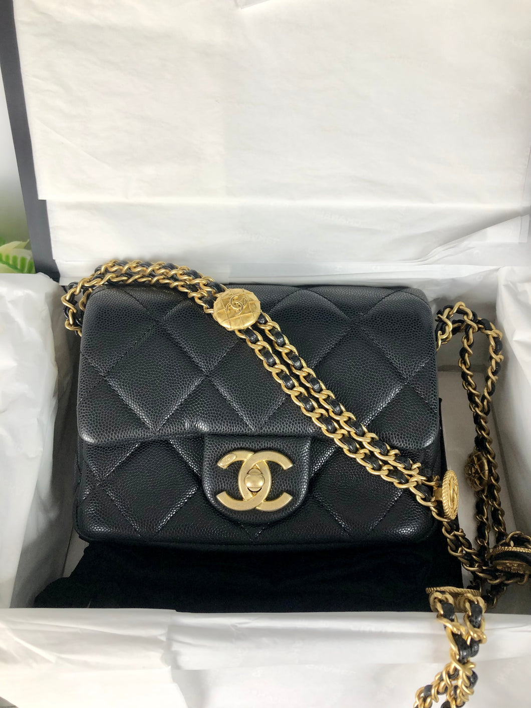 Chanel Black caviar coins mini with aged gold hdw