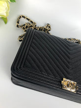 Load image into Gallery viewer, Chanel 24 series black caviar boy wallet on chain (woc), gold hdw
