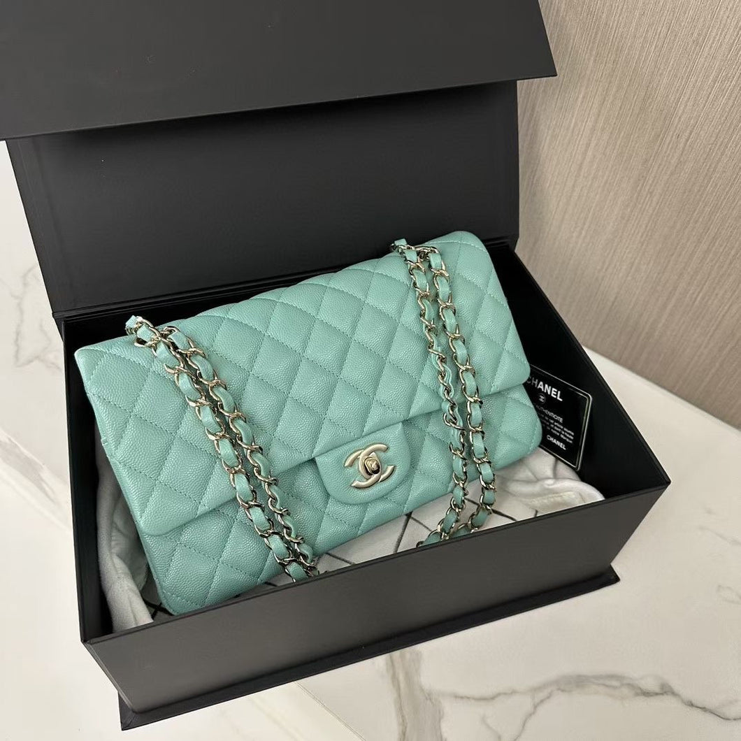 Chanel 21s Tiffany blue medium caviar classic, light gold hdw