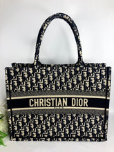 Load image into Gallery viewer, Dior medium book tote, ecru and blue Dior oblique embroidery
