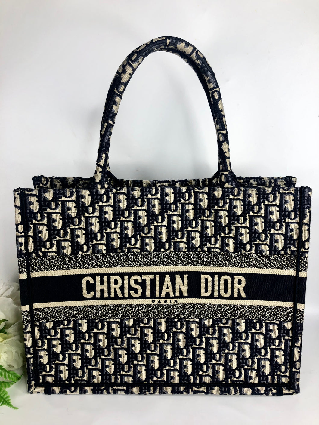 Dior medium book tote, ecru and blue Dior oblique embroidery