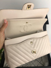 Load image into Gallery viewer, Chanel 18b ivory chevron caviar medium classic with light gold hdw
