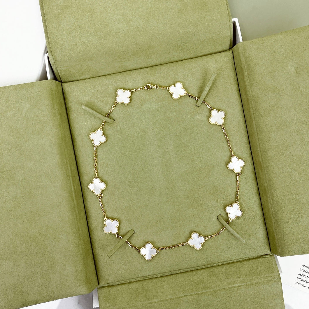 Van Cleef & Arpels (VCA) white mother of pearl 18k gold 10 motif vintage Alhambra necklace