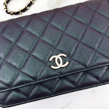 Load image into Gallery viewer, Chanel black iridescent caviar wallet on chain, woc with large CC logo

