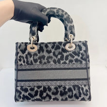 Load image into Gallery viewer, Christian Dior Grey and Black Leopard Pattern Mizza Embroidery Medium Lady D-Lite Bag Pale Gold Hardware
