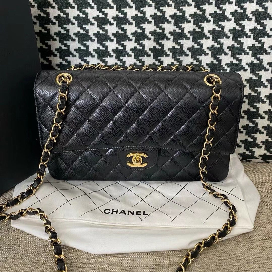 Chanel black caviar medium classic flap, gold hdw, microchip