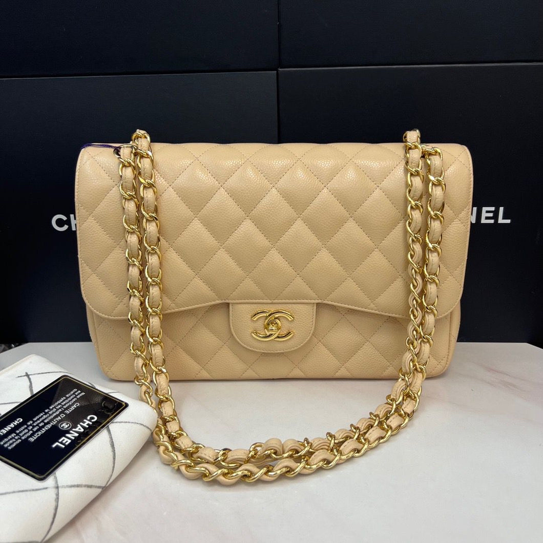 Chanel beige caviar double flap jumbo, gold hdw