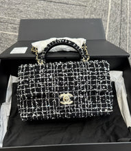 Load image into Gallery viewer, Chanel mini rectangular tweed top handle, light gold hdw black and white
