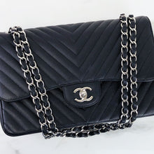 Load image into Gallery viewer, Chanel black caviar chevron jumbo, silver hdw
