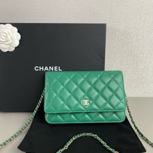 Load image into Gallery viewer, Chanel woc green lambskin with gold hdw.
