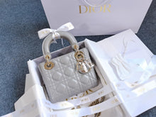 Load image into Gallery viewer, Lady Dior mini pearl grey Cannage calfskin, light gold hdw.
