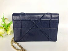 Load image into Gallery viewer, Diorama blue leather wallet on chain (WOC) with light gold hdw

