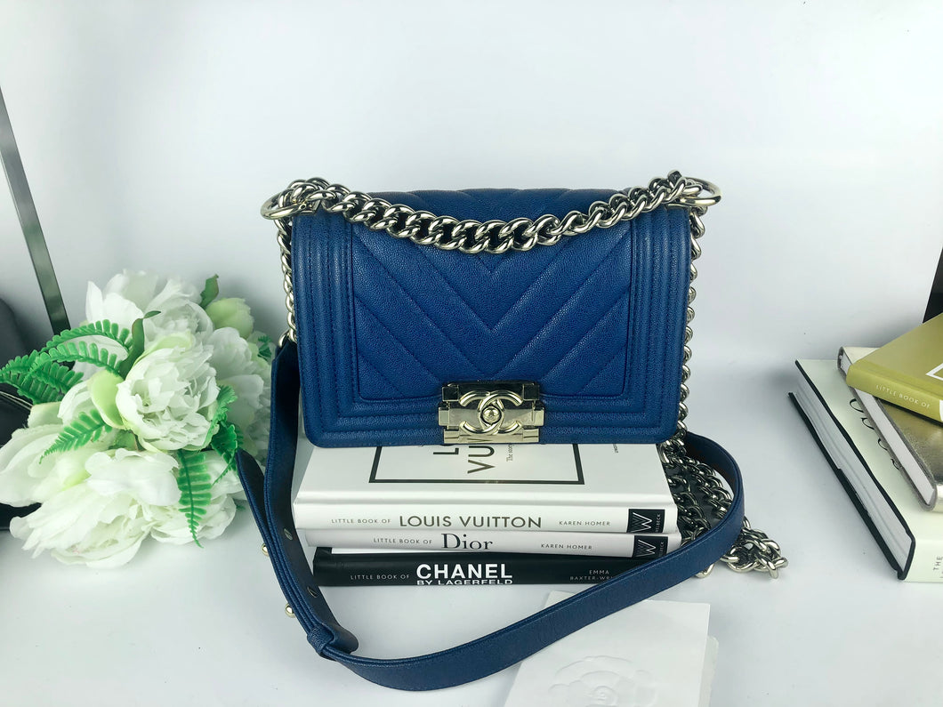 Chanel small blue caviar chevron boy, gold hdw