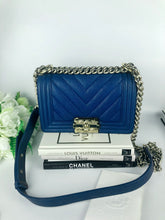 Load image into Gallery viewer, Chanel small blue caviar chevron boy, gold hdw
