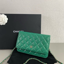 Load image into Gallery viewer, Chanel woc green lambskin with gold hdw.
