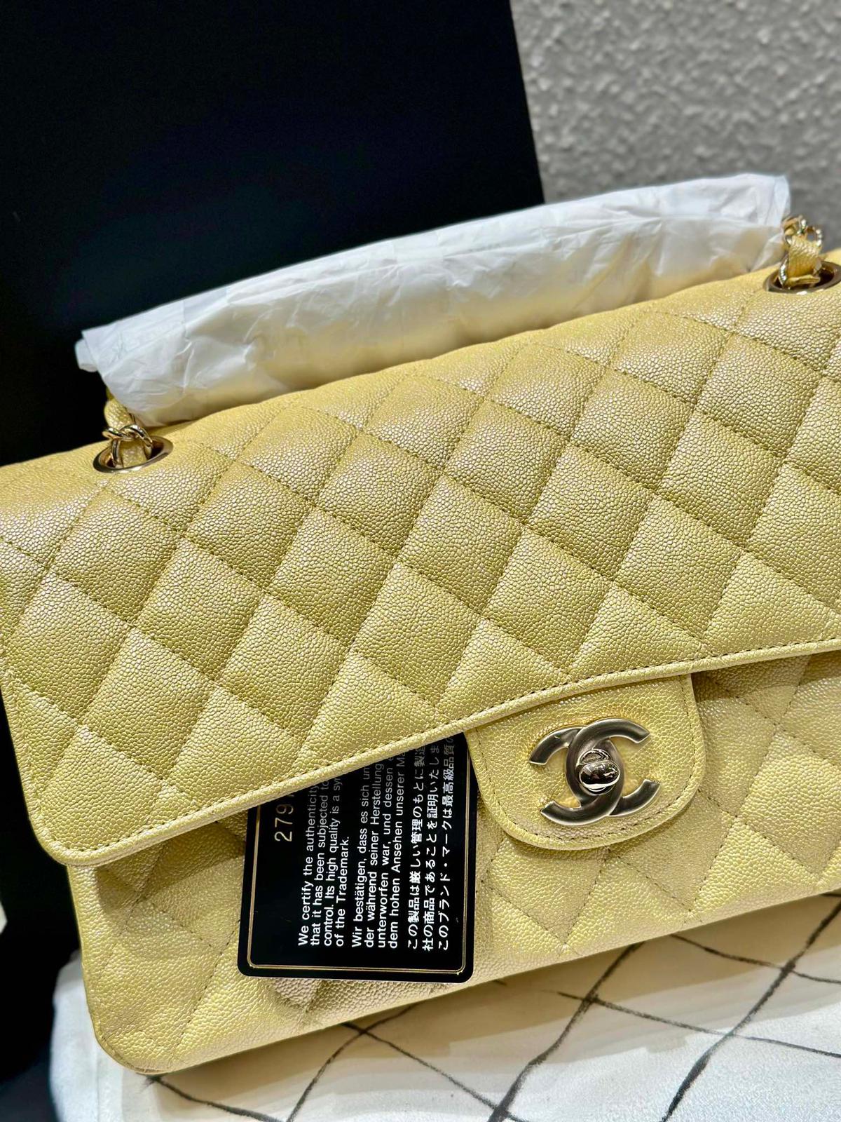 Chanel medium classic flap yellow caviar gold hdw