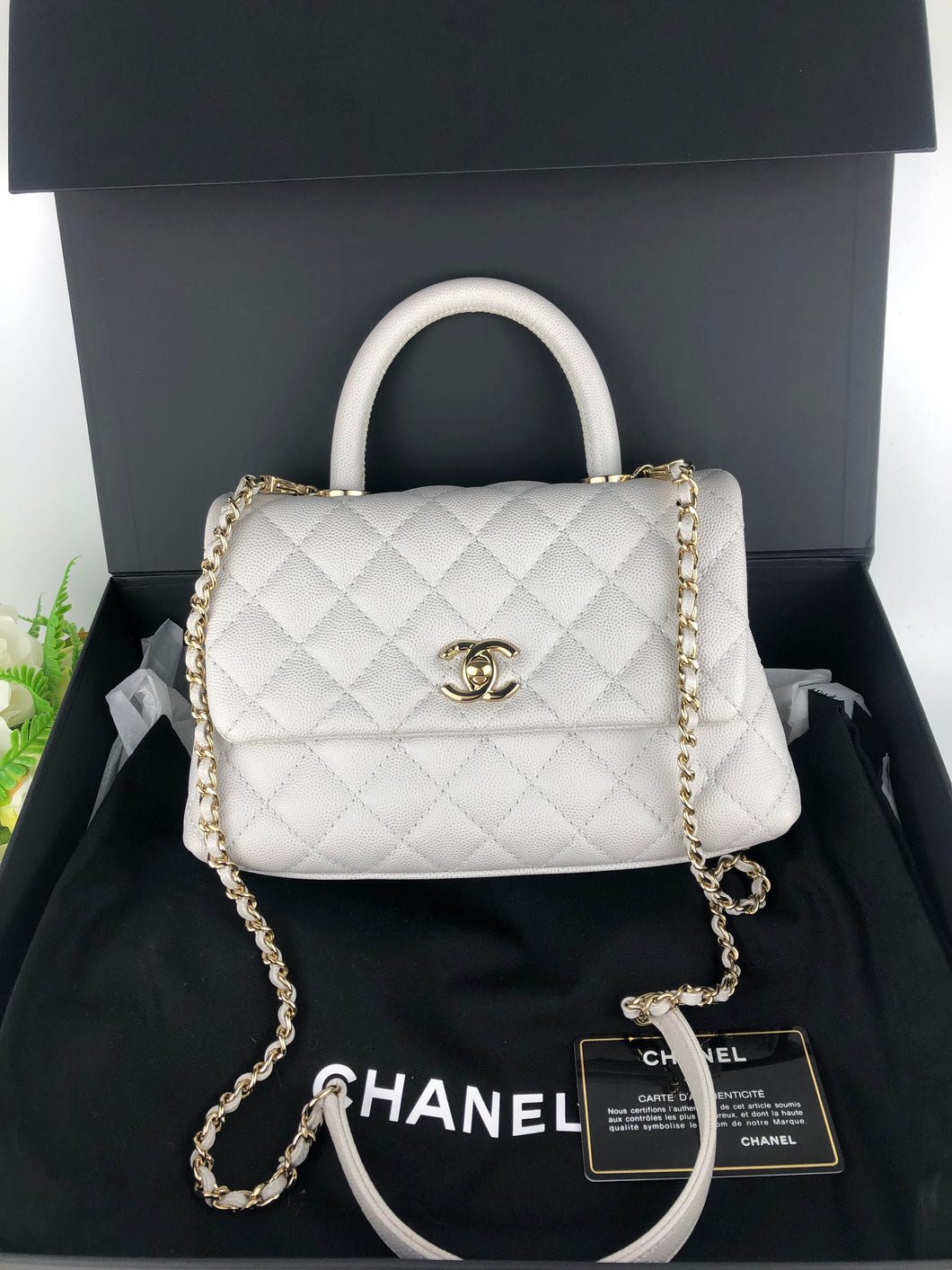 Chanel light grey caviar small coco handle, gold hdw