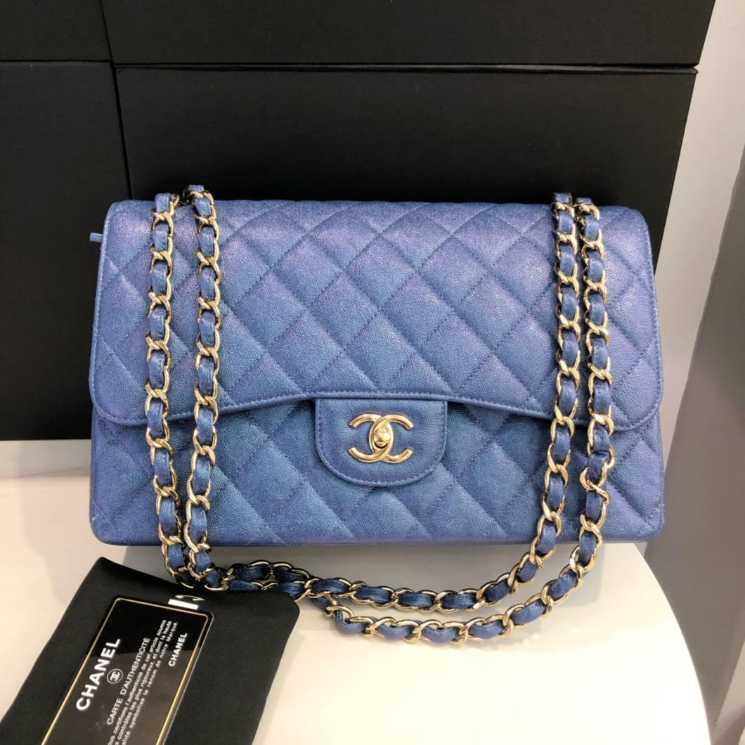 Chanel 27 series blue iridescent caviar jumbo, gold hdw