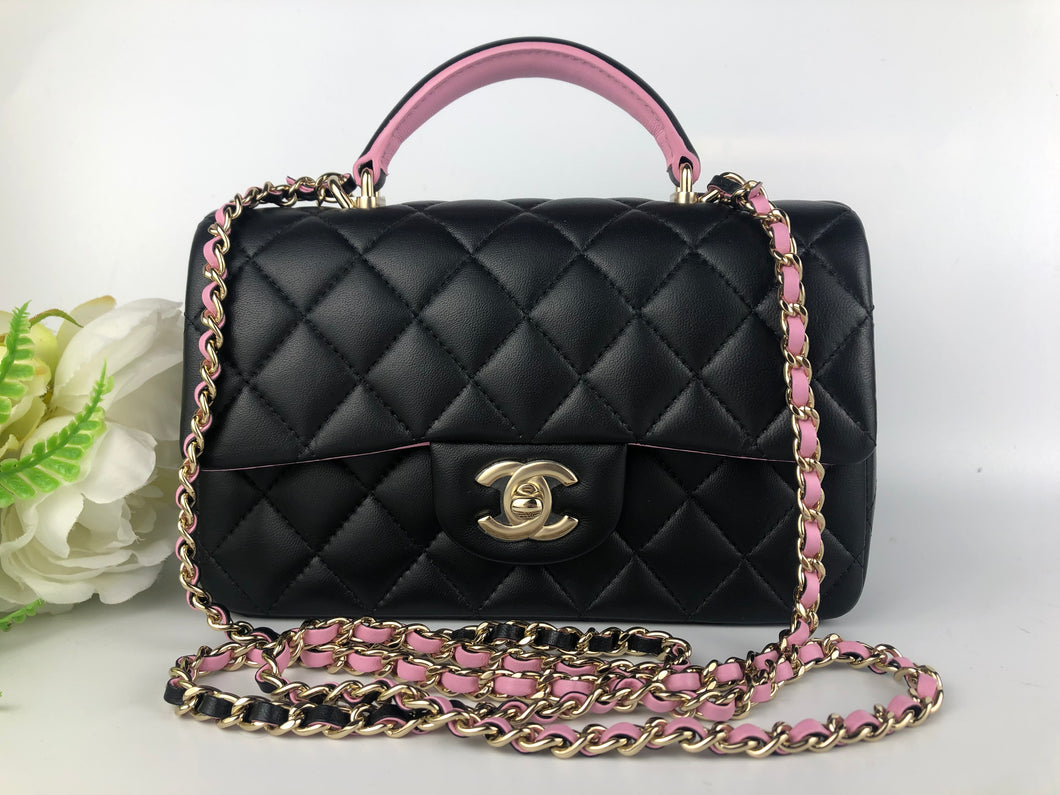 Chanel 23p black pink mini lambskin top handle, light gold hdw