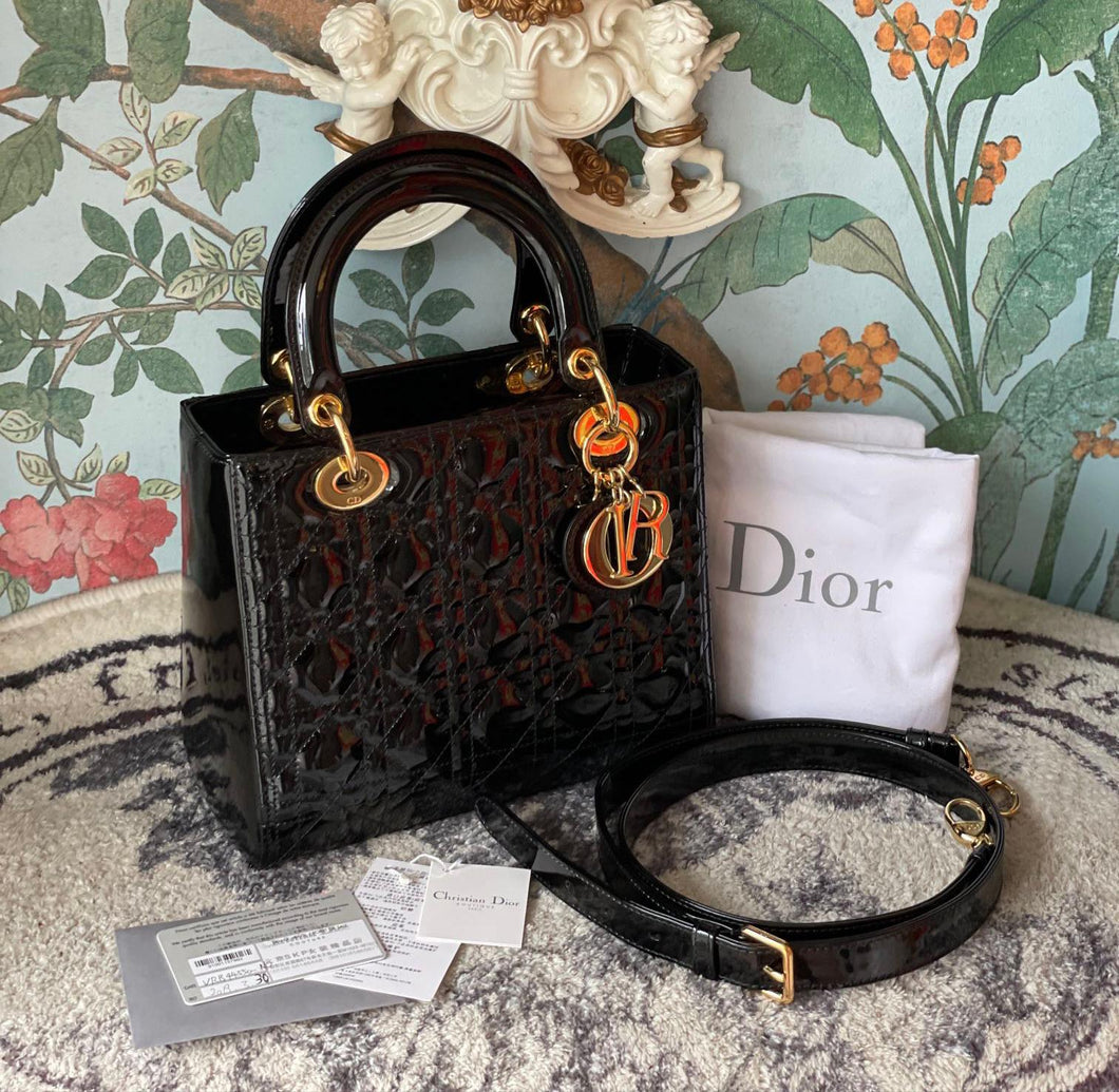 Lady Dior black patent medium, gold hdw