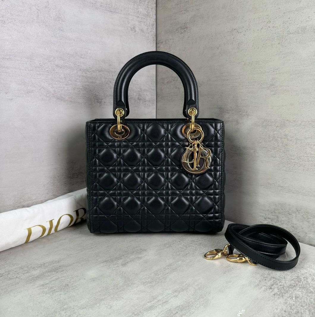 Lady Dior medium black Cannage lambskin with gold hdw