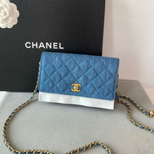 Load image into Gallery viewer, 22c Chanel denim pearl crush woc wallet on chain, gold hdw
