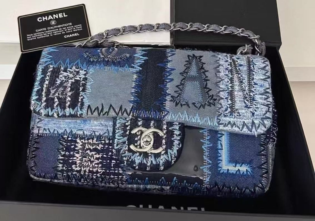 Chanel denim patchwork bag medium with silver hdw