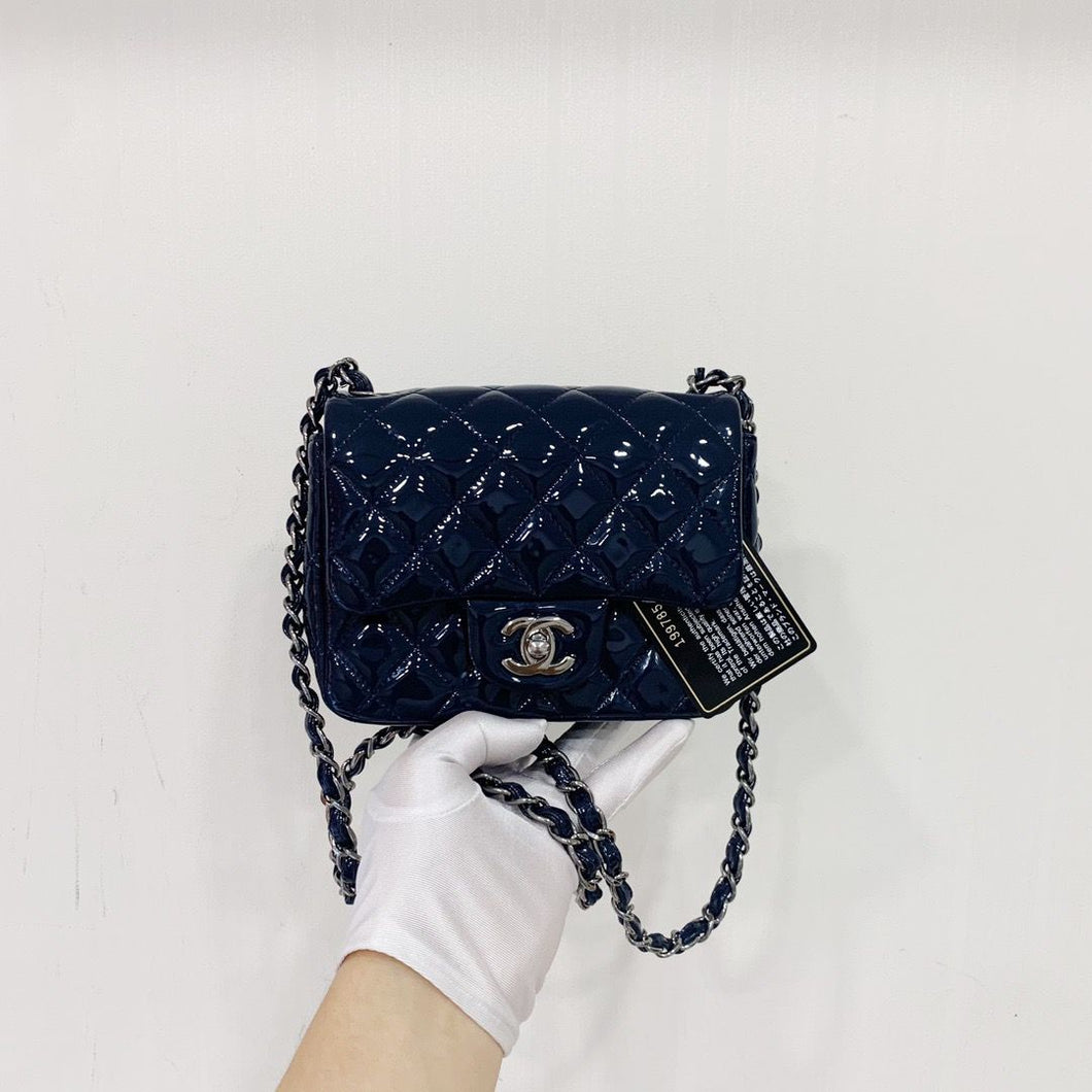 Chanel mini patent square, blue with silver hdw